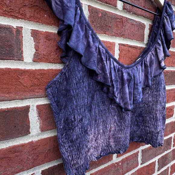 AEO Soft & Sexy Cropped Top Large Purple Tie Dye Smocked Ruffle Beach Festival - Picture 2 of 9